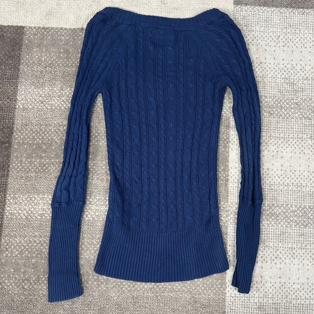 Y2K American Eagle Navy Blue Cable Knit V-Neck Sweater Womens Medium Snatched - Picture 5 of 8